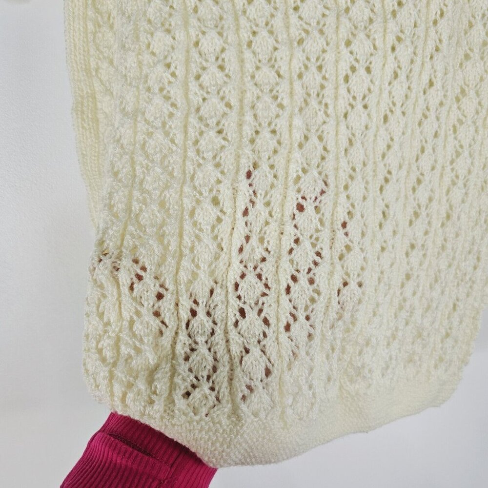 Vintage 70s Handmade Womens Sweater S M Ivory Retro Cottage Eyelet Granny Boho - Picture 3 of 7